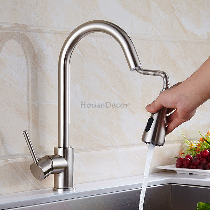 Modern kitchen sink mixer tap pull out spray detail view