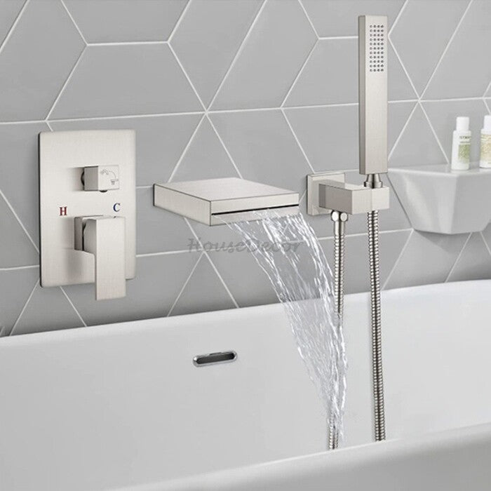 Modern bath shower mixer tap waterfall spout detail view