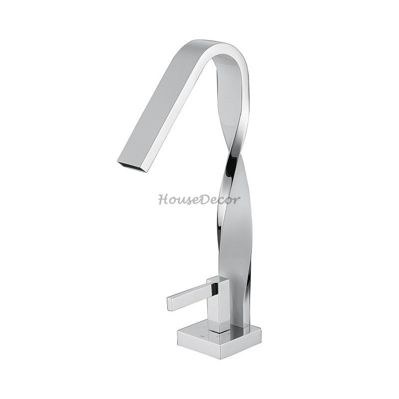 Chrome bathroom basin mixer tap waterfall spout detail view