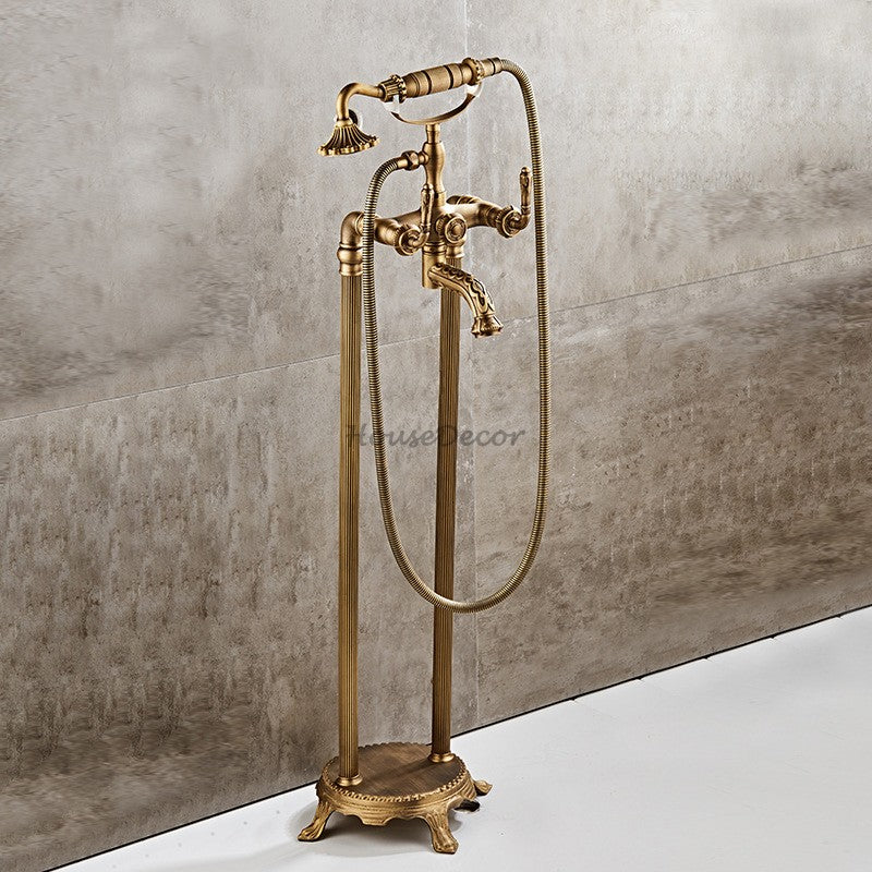 Antique Brass bath shower mixer tap floor mounted design detail view