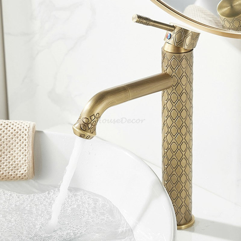 Diamond Pattern Engraved Brass Basin Mixer Tap Bathroom Countertop ‌Single Hole