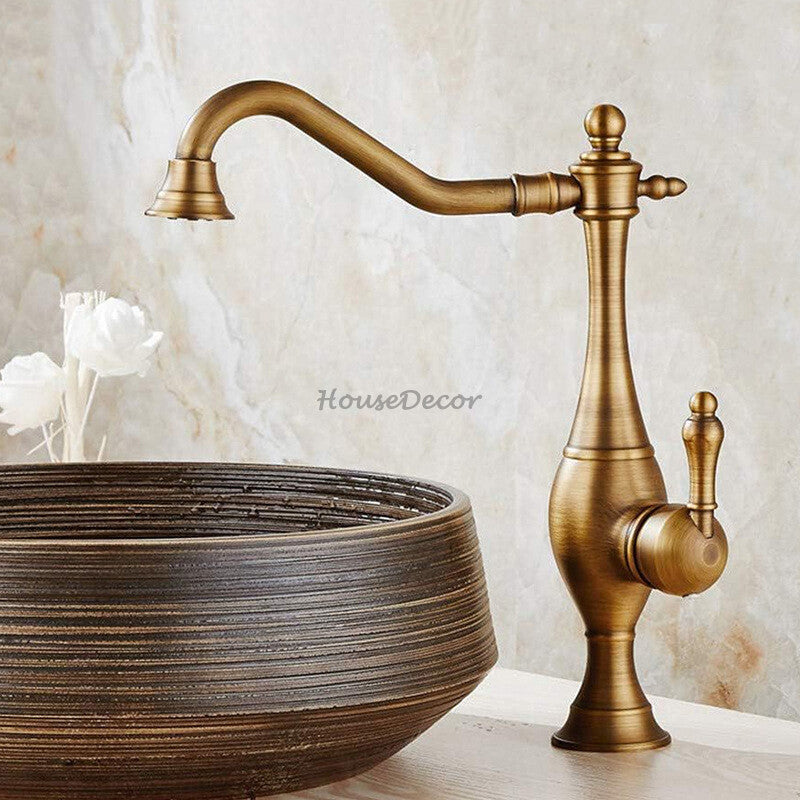 Antique Brass kitchen sink mixer tap swivel spout detail view
