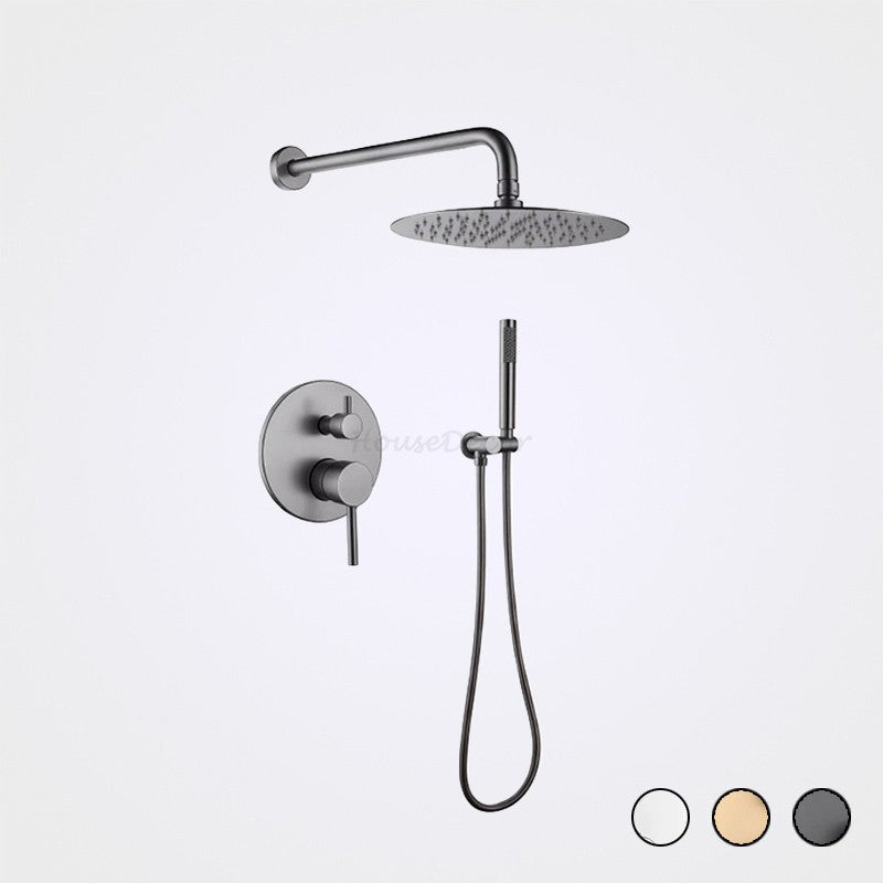 A modern wall-mounted shower system with a round rain shower head, handheld shower wand on a flexible hose, and a single-handle control valve, shown in a dark gunmetal finish against a light gray background. Three small circular color swatches are visible in the bottom right corner.