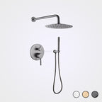 A modern wall-mounted shower system with a round rain shower head, handheld shower wand on a flexible hose, and a single-handle control valve, shown in a dark gunmetal finish against a light gray background. Three small circular color swatches are visible in the bottom right corner.