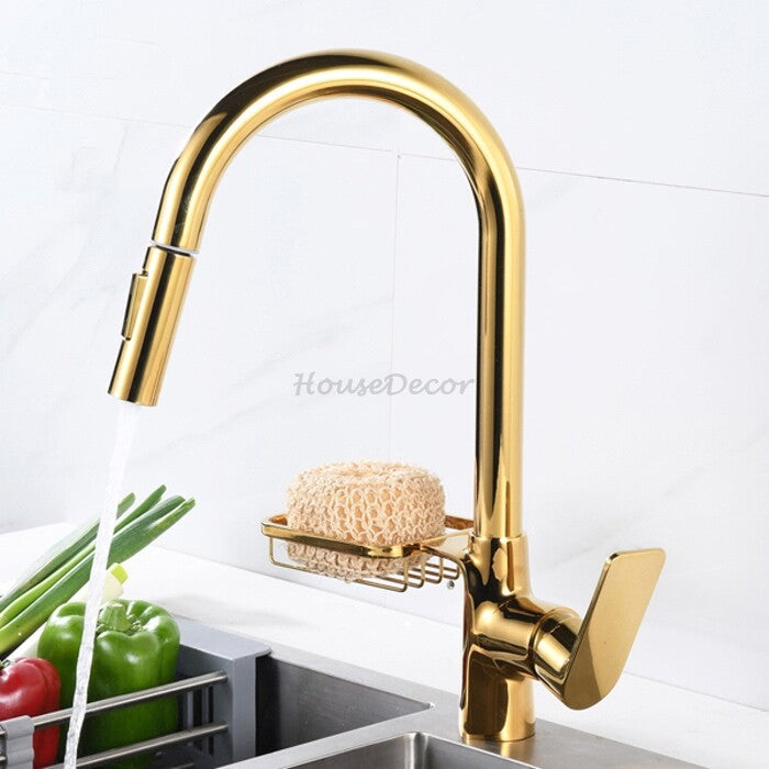 Gold bath shower mixer tap pull out spray main view