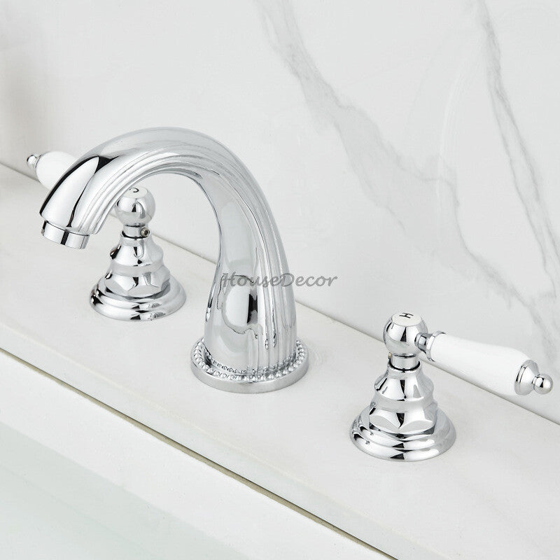 Polished Brass bath shower mixer tap dual handle control detail view