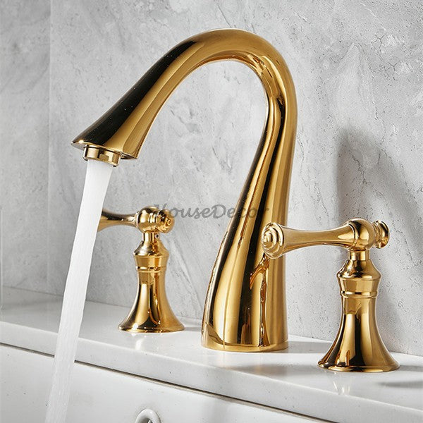 Gold Brass bathroom basin mixer tap dual handle control main view