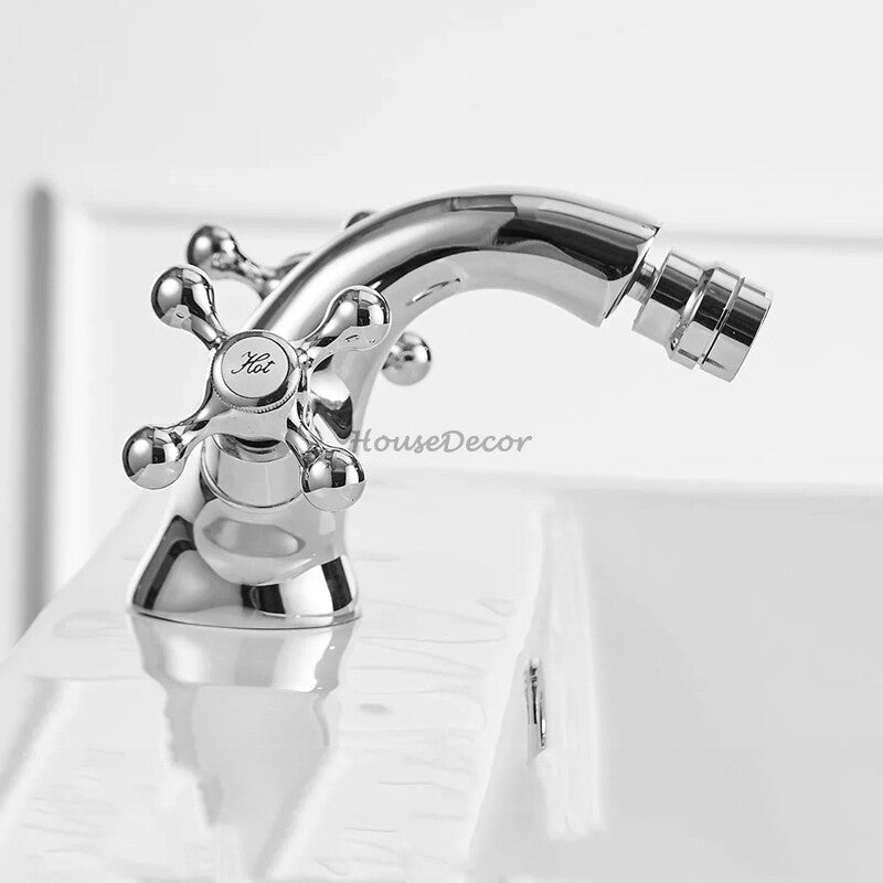 Modern bath shower mixer tap dual handle control detail view