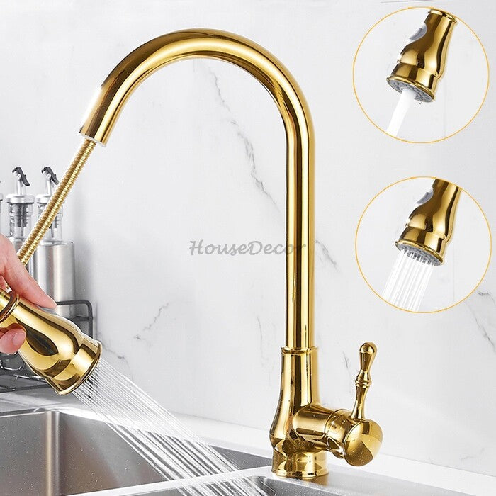 Gold kitchen sink mixer tap pull out spray detail view