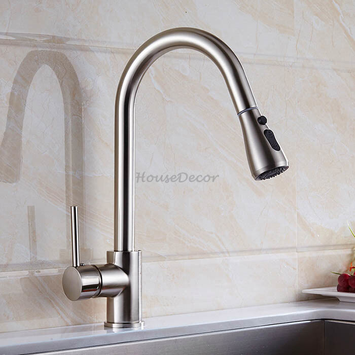 Modern kitchen sink mixer tap pull out spray detail view