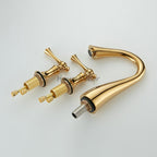 Gold Brass bathroom basin mixer tap dual handle control detail view