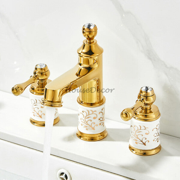 Gold Ceramic bathroom basin mixer tap 3 hole installation main view