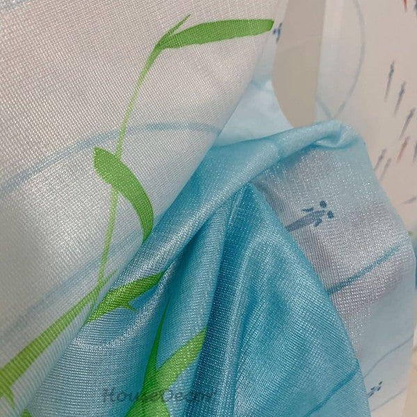 Blue Fabric doorway curtain room divider design detail view