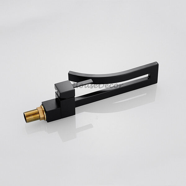 Black bath shower mixer tap waterfall spout detail view