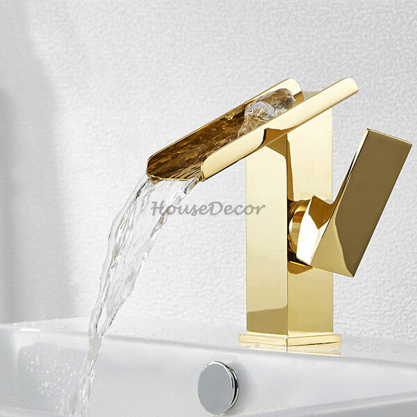 Gold bathroom basin mixer tap waterfall spout additional view