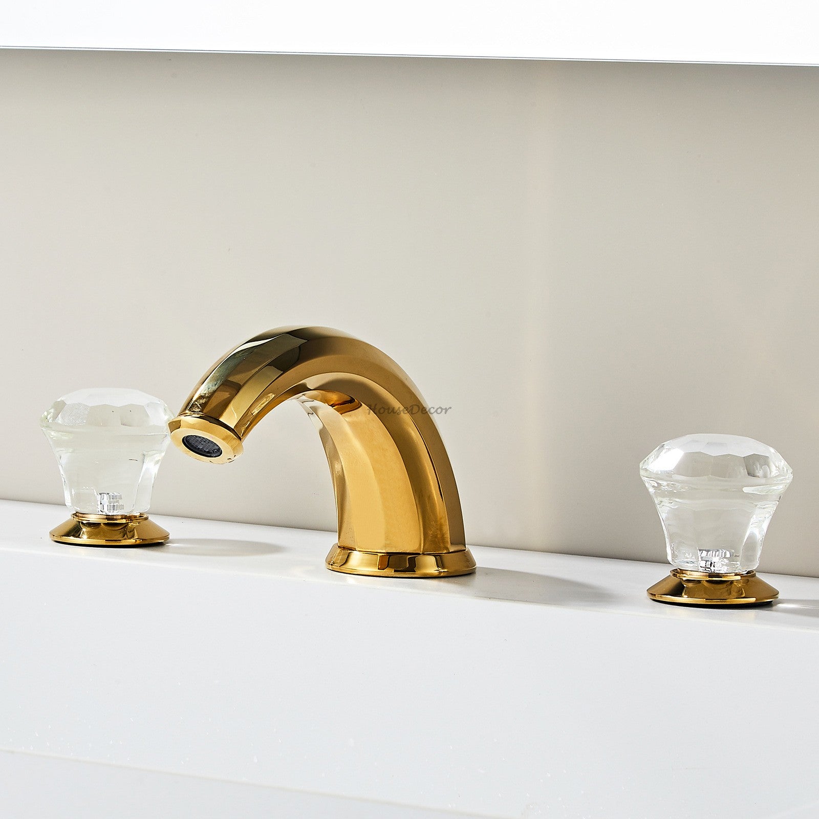 Gold bath shower mixer tap dual handle control detail view