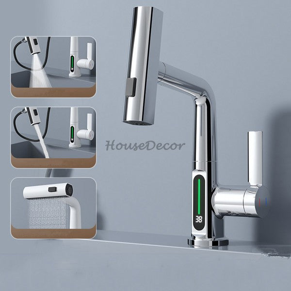 Modern bathroom basin mixer tap waterfall spout detail view