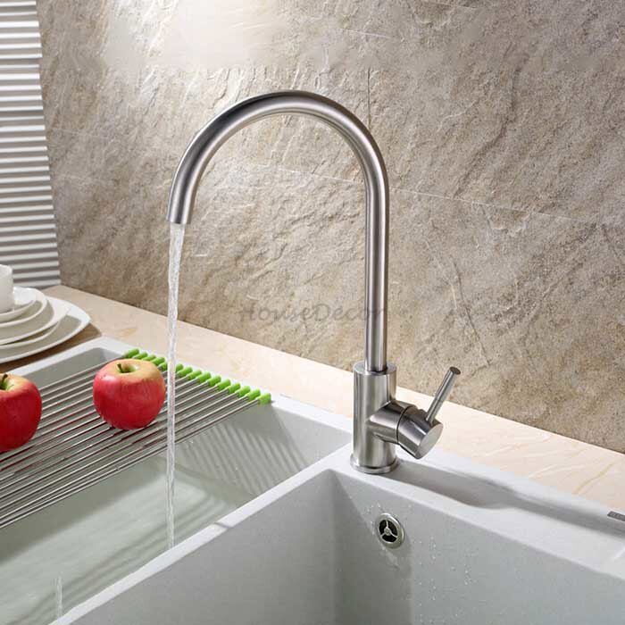 Modern Stainless Steel kitchen sink mixer tap swivel spout detail view
