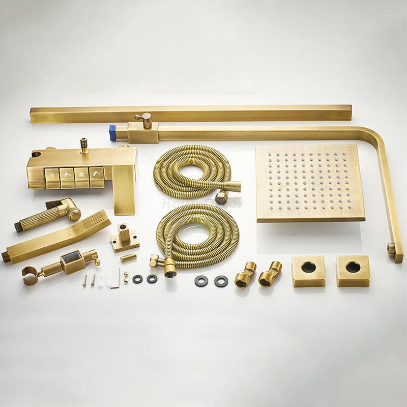 Antique Brass Shower Mixer Set Square Rainfall Head Handset Bath Spray Kit Faucet
