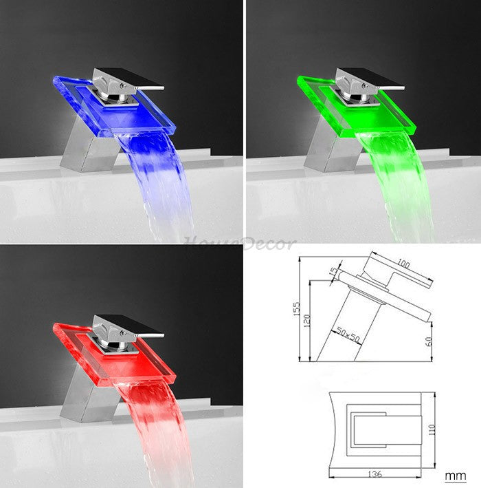 Chrome bathroom basin mixer tap waterfall spout detail view