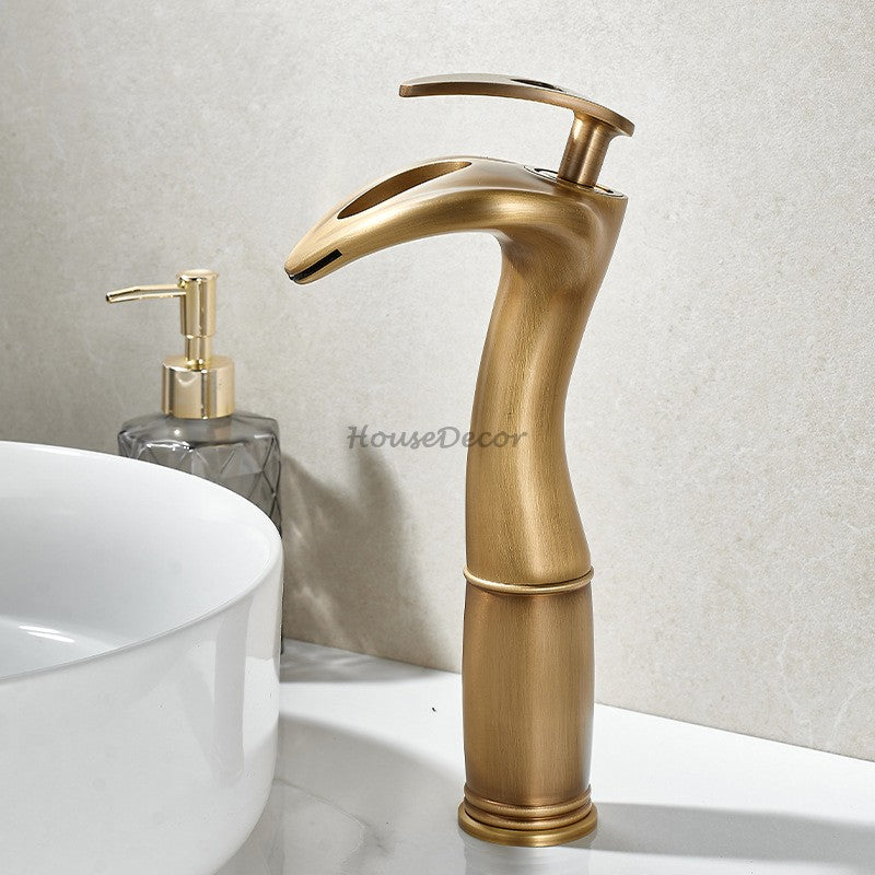 Antique Brass bath shower mixer tap waterfall spout detail view
