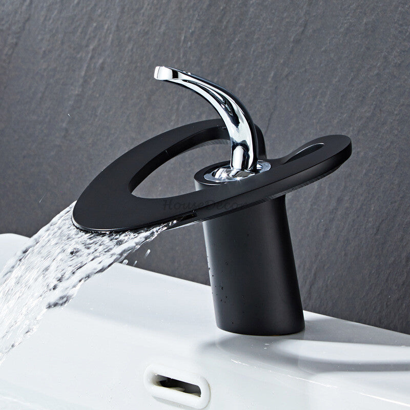 Modern bath shower mixer tap waterfall spout detail view