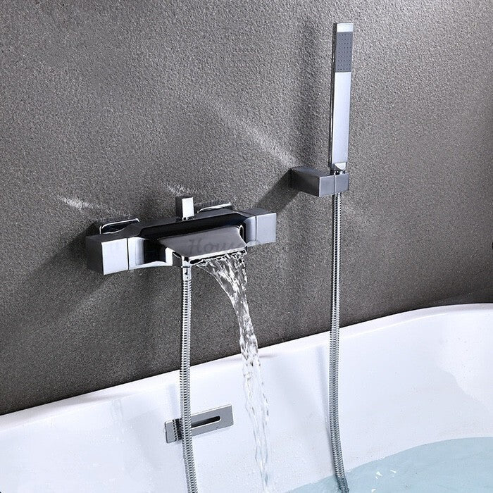 Modern bath shower mixer tap waterfall spout detail view