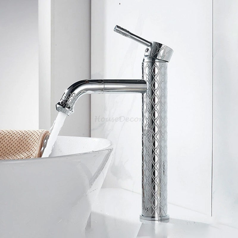 Diamond Pattern Engraved Brass Basin Mixer Tap Bathroom Countertop ‌Single Hole