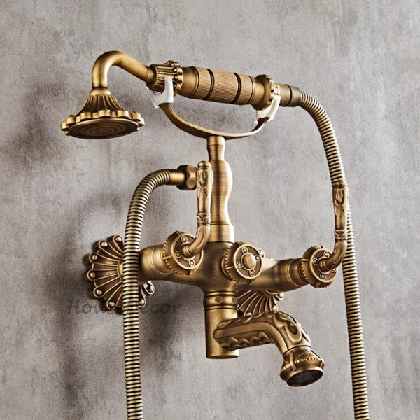 Antique Brass bath shower mixer tap wall mounted design detail view