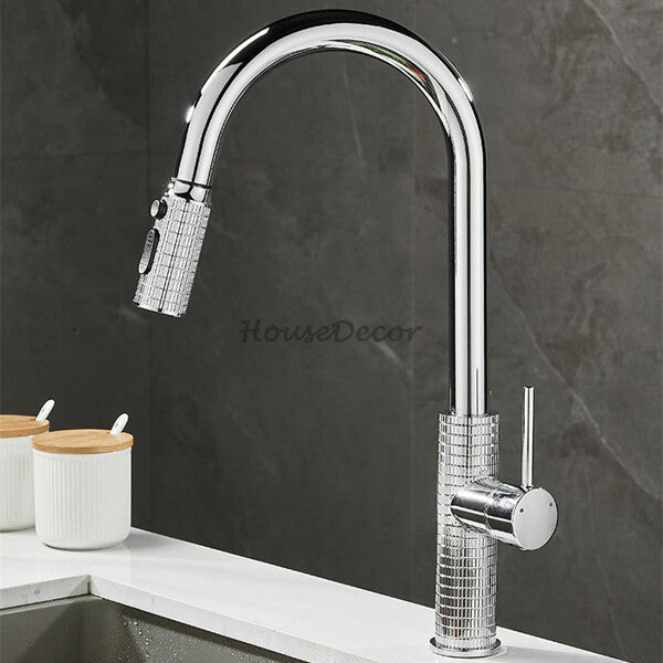 Modern kitchen sink mixer tap pull out spray detail view
