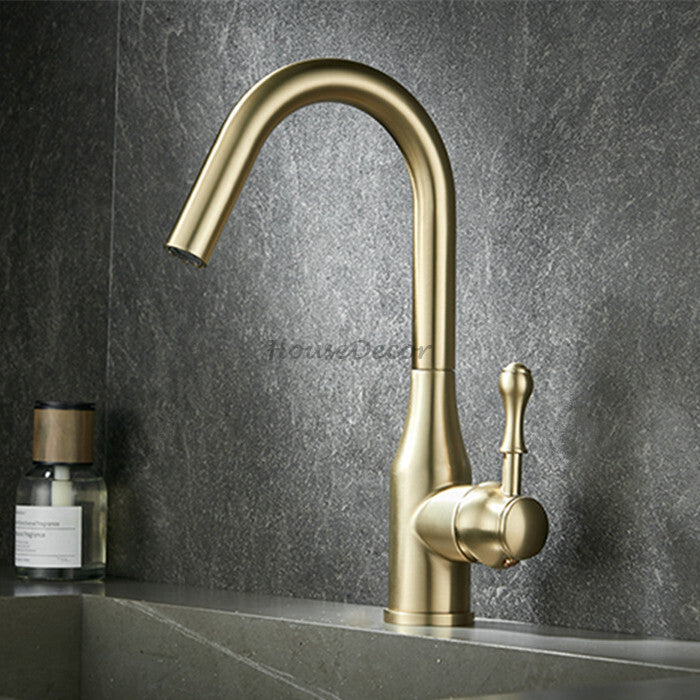 Brushed Gold Brass kitchen sink mixer tap swivel spout detail view