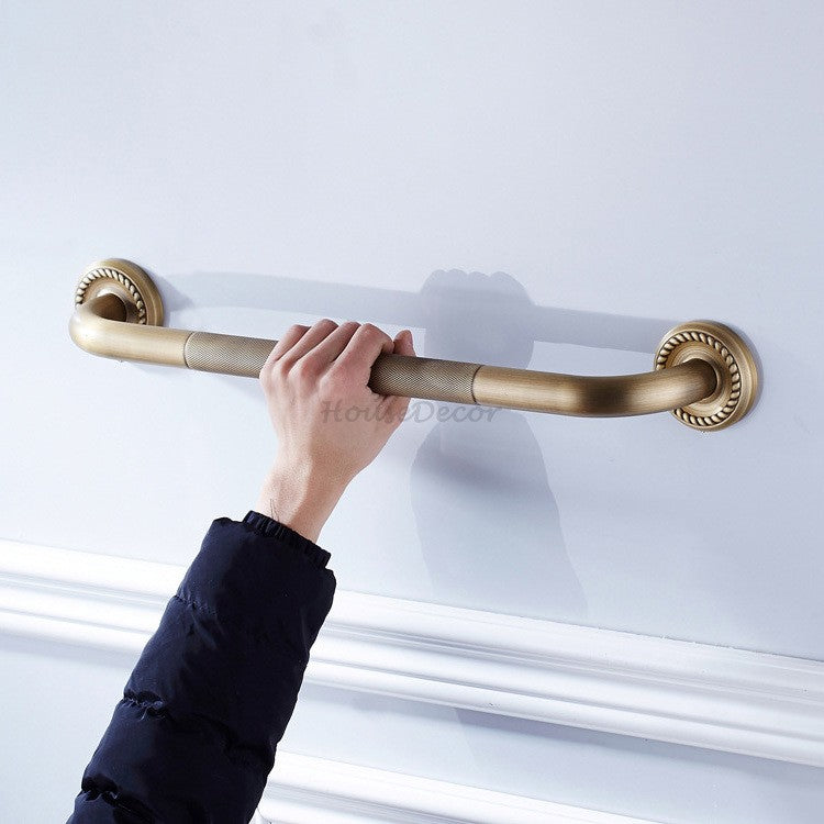 Antique Brass bathroom grab bar safety grip detail view