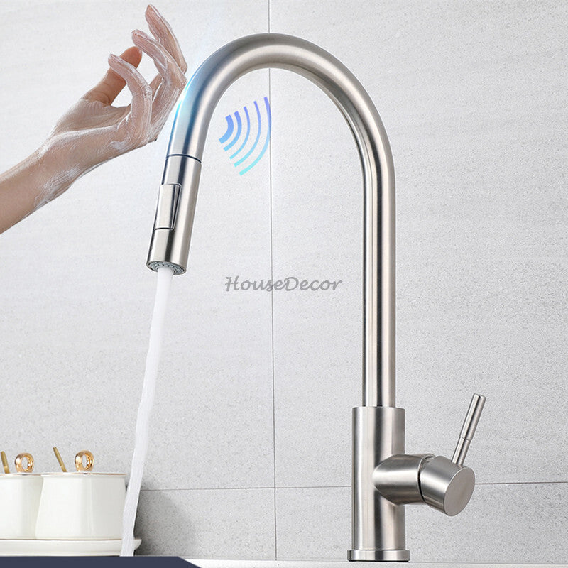Modern kitchen sink mixer tap pull out spray detail view