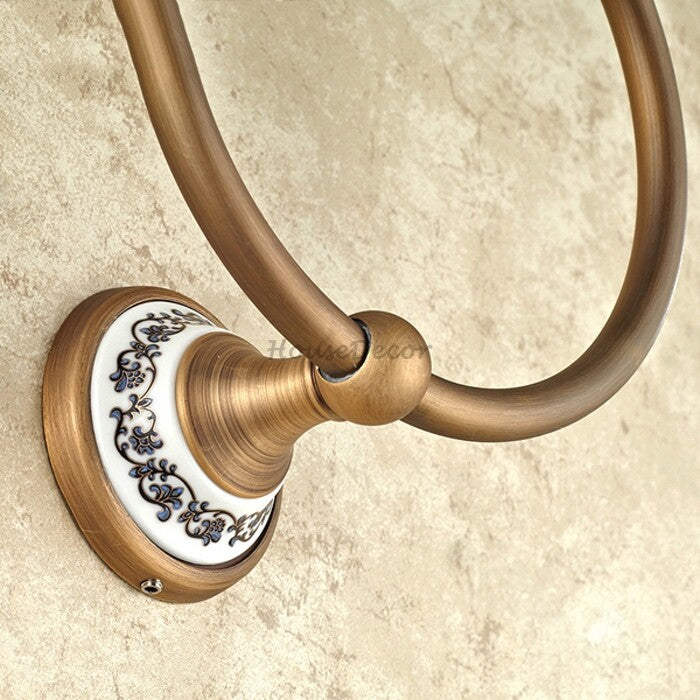 Antique Brass towel ring wall mounted design detail view