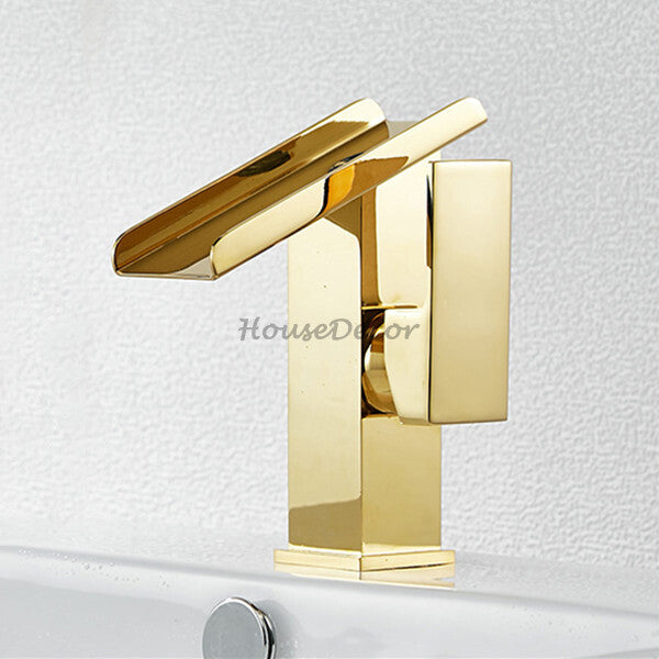 Gold bathroom basin mixer tap waterfall spout additional view