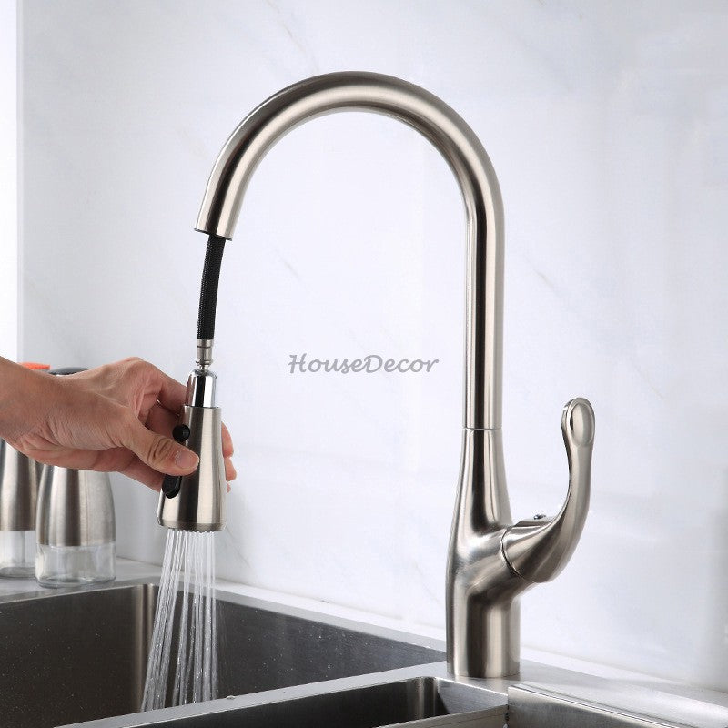 Modern kitchen sink mixer tap pull out spray detail view