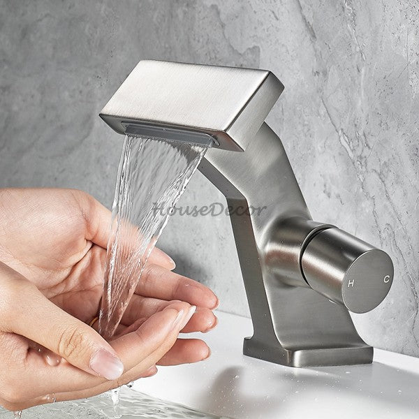 Brass bathroom basin mixer tap waterfall spout main view