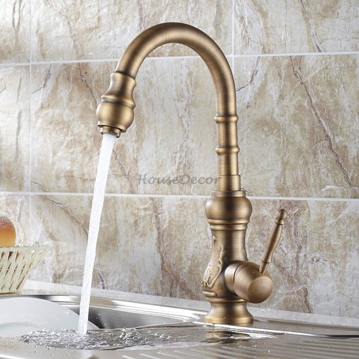 Antique Brass kitchen sink mixer tap swivel spout detail view