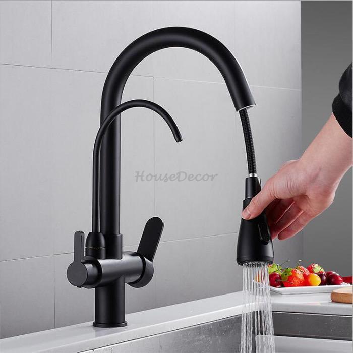 Black kitchen sink mixer tap pull out spray detail view