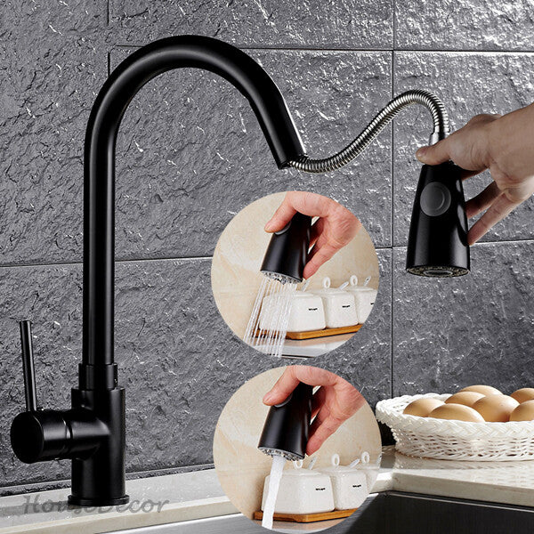 Black kitchen sink mixer tap pull out spray detail view
