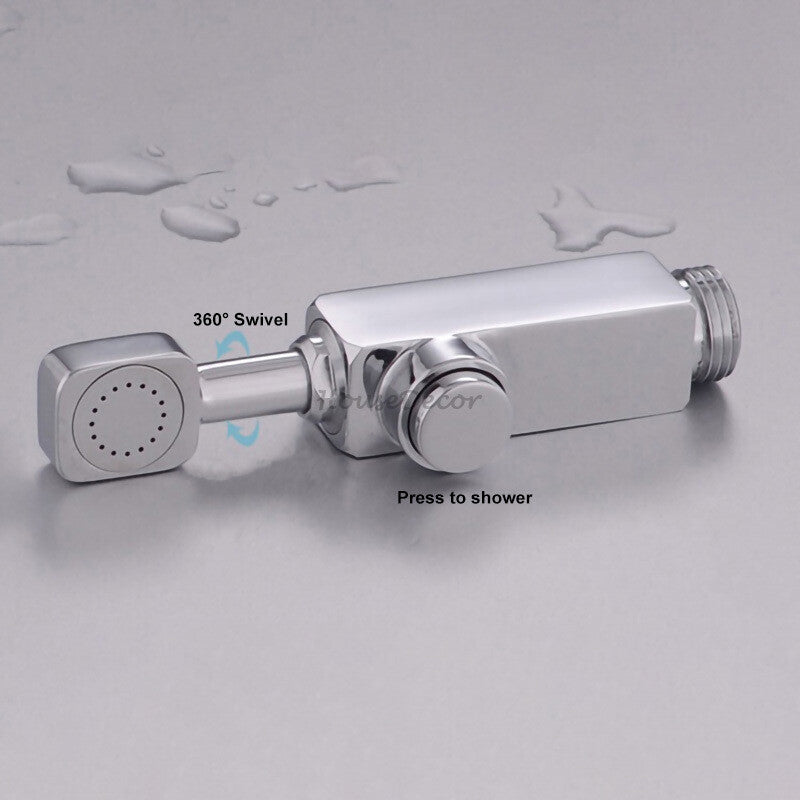 Chrome shower head swivel spout detail view