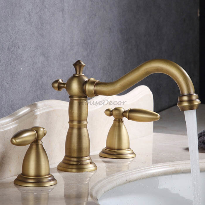 Antique Brass bath shower mixer tap 3 hole installation detail view