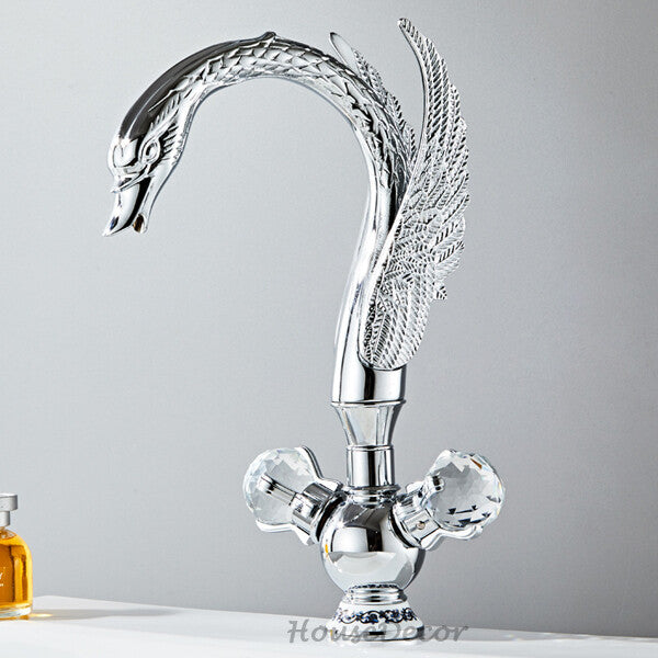 Modern bathroom basin mixer tap dual handle control detail view