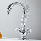Modern bathroom basin mixer tap dual handle control detail view
