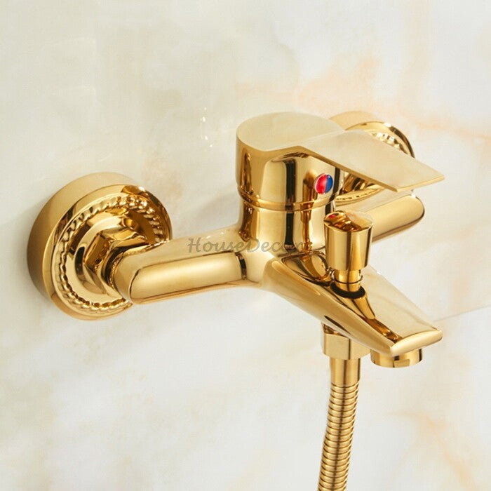 Gold bath shower mixer tap wall mounted design detail view