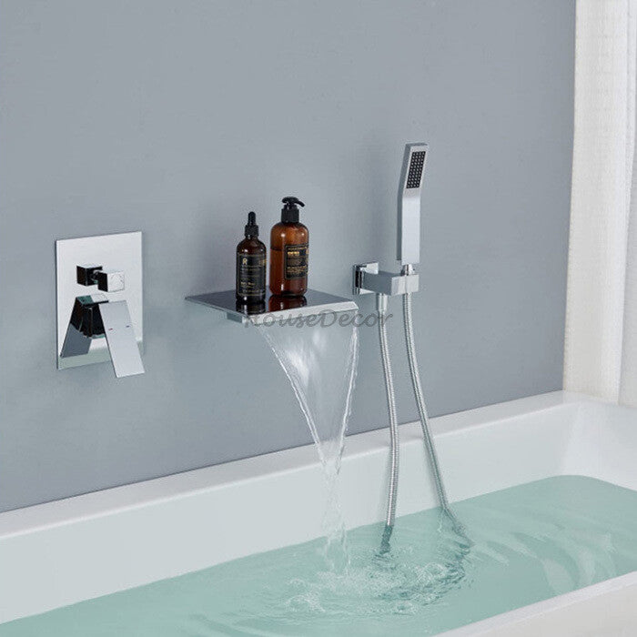 Modern bath shower mixer tap waterfall spout detail view