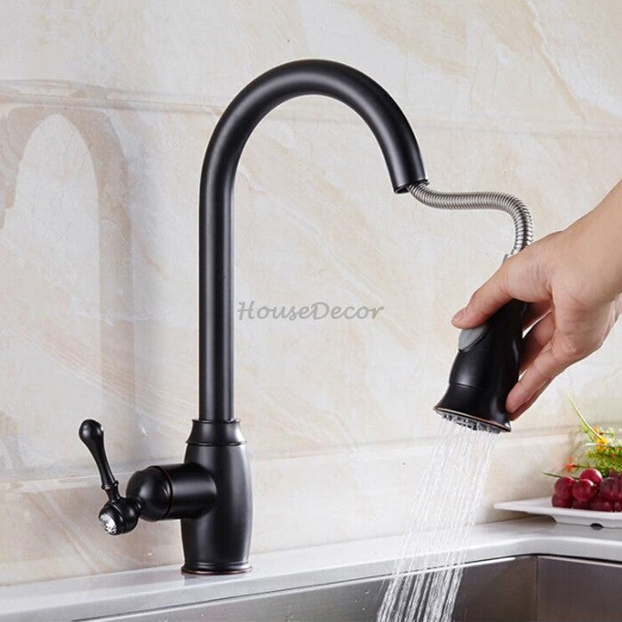 Black Brass kitchen sink mixer tap pull out spray detail view