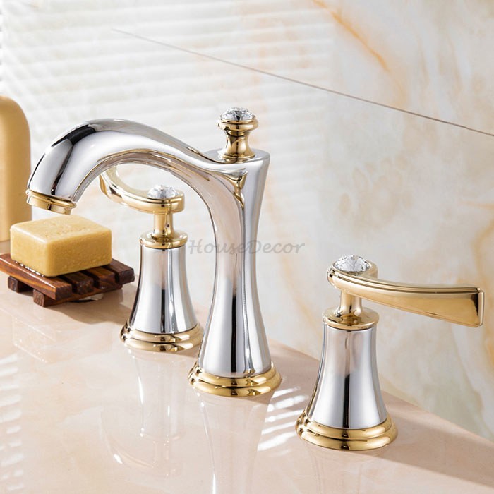 Gold bath shower mixer tap 3 hole installation detail view