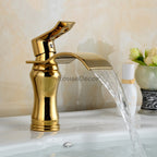 Gold bath shower mixer tap waterfall spout detail view