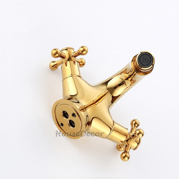 Gold bath shower mixer tap dual handle control detail view